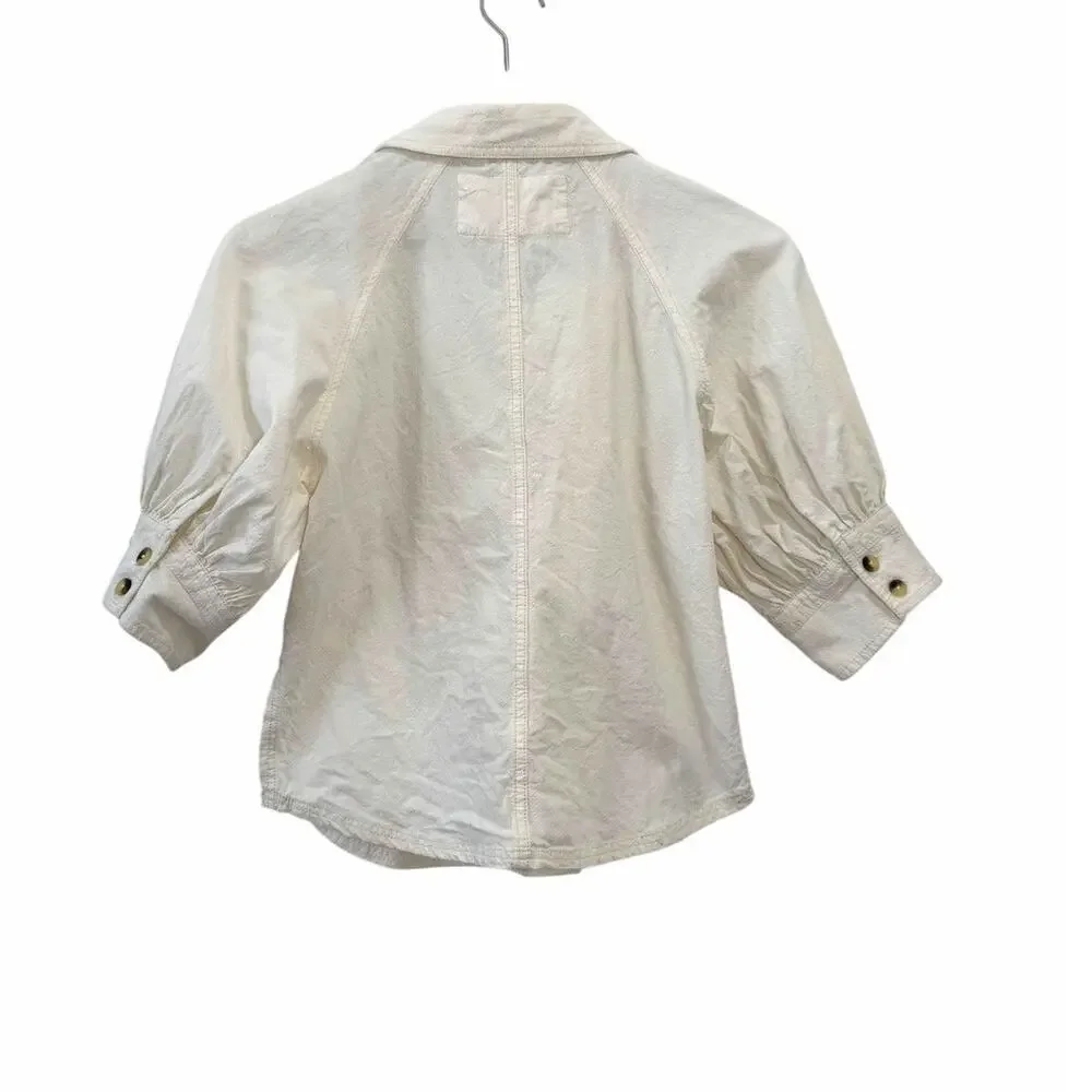 Free People White Puff Sleeve Button Front Cotton Blouse Top  Size X-Small